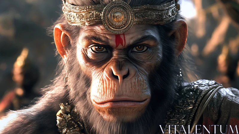 Regal monkey warrior king crowned in golden mythic armor.