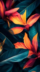 Luminous tropical petals glow gently against deep teal leaves