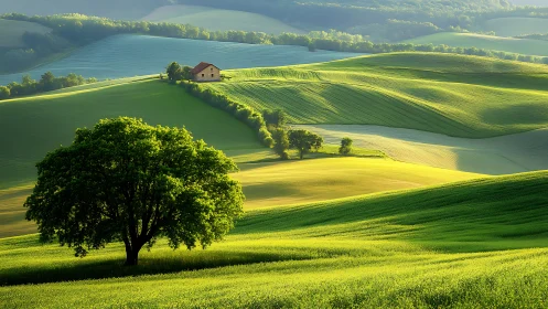 Sunlit green hills with lone farmhouse and foreground tree.