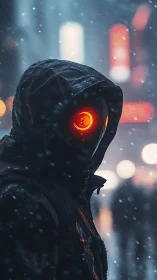 Cybernetic watcher haunts a neon snowstorm at night.