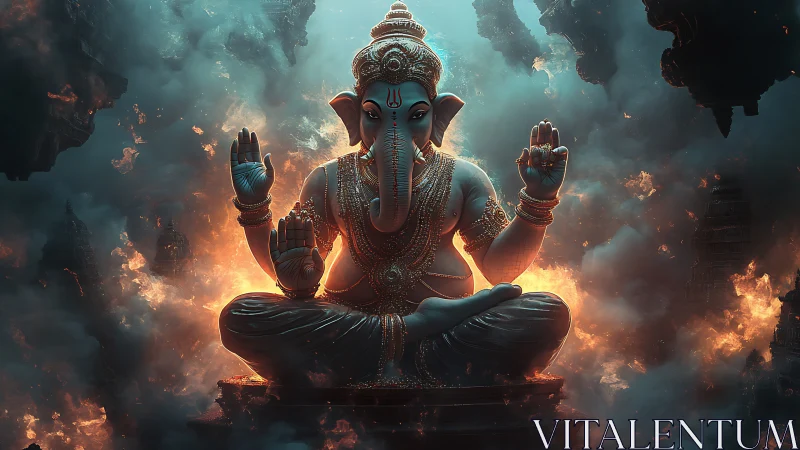Divine Ganesha in blazing cosmic clouds, cinematic render.