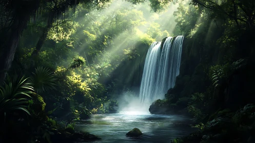 Luminous Waterfall in Emerald Jungle Sanctuary.