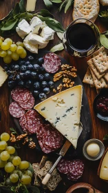 Overhead charcuterie board with blue cheese wedge and salami slices