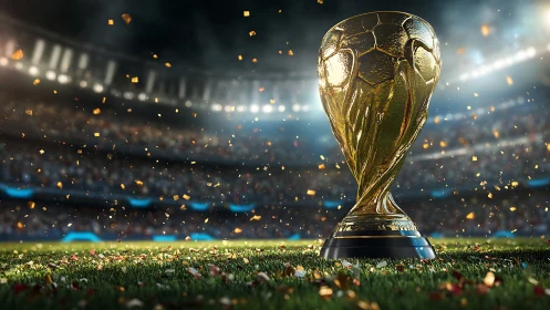 Gold football trophy stands on grass in illuminated stadium