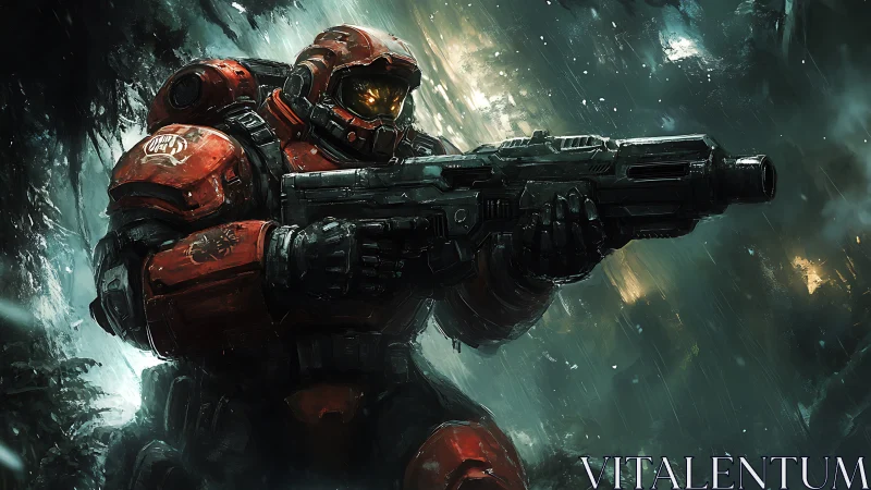 Armored space marine aiming heavy rifle in stormy forest.