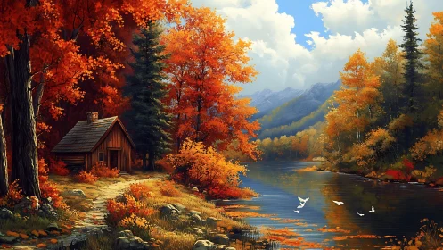 Wood cabin beside autumn river under clear daylight conditions.