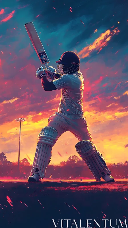 Cricket batter drives under blazing cinematic sunset sky.