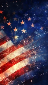 American flag overlay with red fireworks bursts in deep night sky