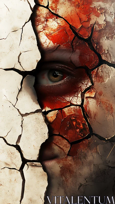 Fractured earthen mask revealing human eye beneath crusted shell.