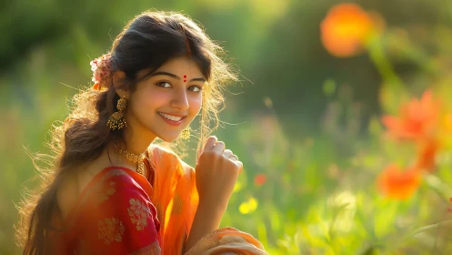Young woman in traditional attire smiling in sunlit floral field.