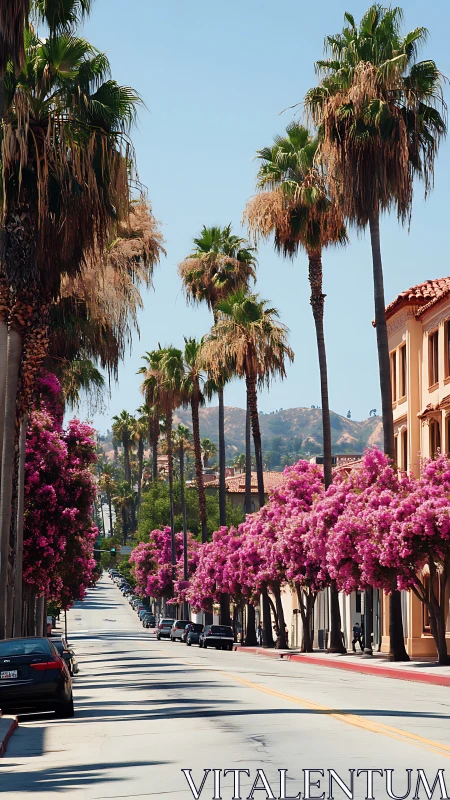 Palm lined urban street with pink flowering trees in summer.