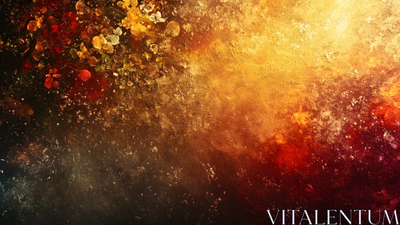 Abstract floral textured painting with warm gold and red hues.