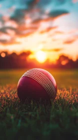 Glowing sunset settles gently behind a lone cricket ball