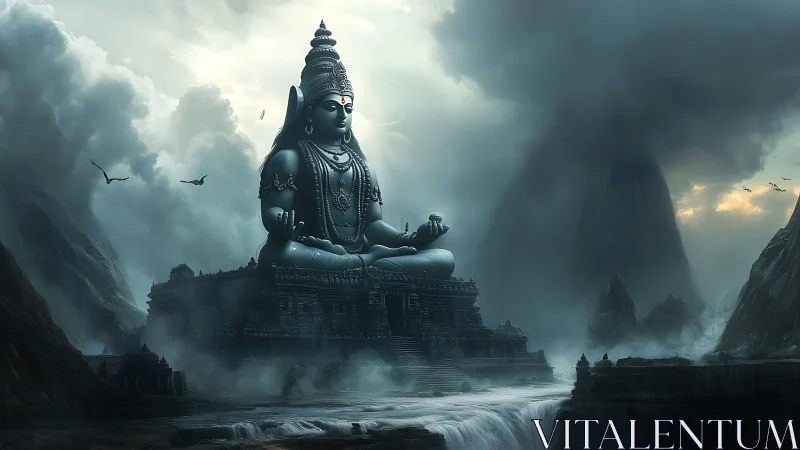 Stormlit mountain deity broods above a temple of mist.