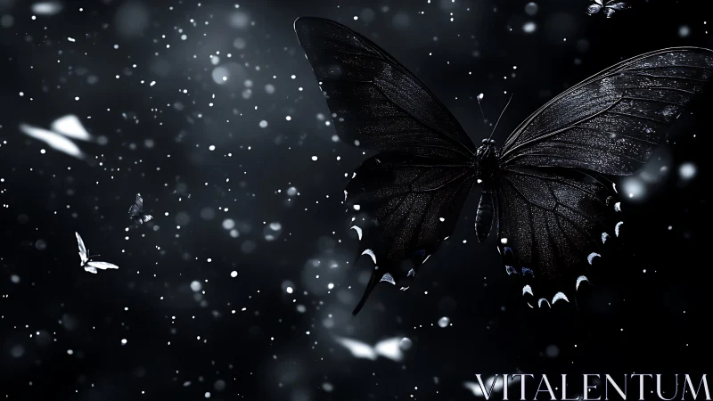 Midnight black butterfly amid drifting white bokeh snowflakes.