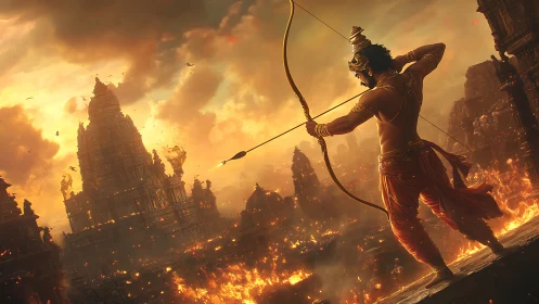 Heroic archer overlooks burning temple city in high dynamic range