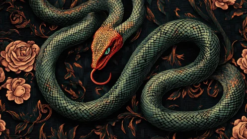 Coiled serpent illustration over baroque floral pattern.