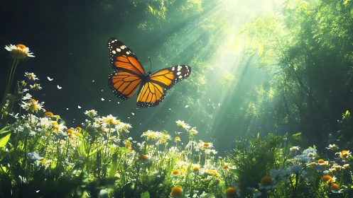 Monarch butterfly in sunlit wildflower meadow, realistic digital art.