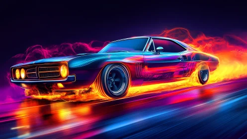 Neon muscle car streaks through liquid fire and midnight chrome