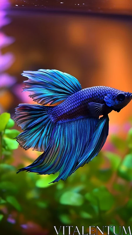 Iridescent betta fish gliding through neon aquatic bokeh.