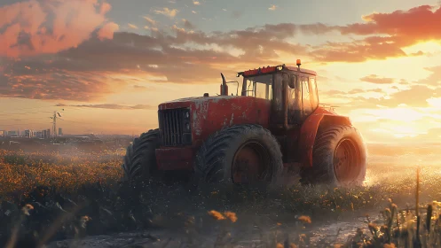 Red agricultural tractor in field under sunset sky.
