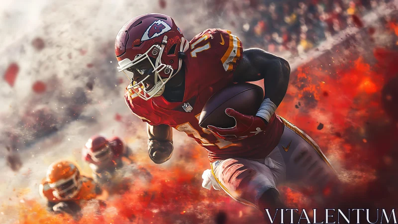 Blazing gridiron sprint through swirling stadium firestorm.