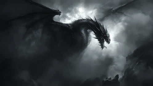 Volumetric storm-lit obsidian dragon amid turbulent vortex clouds.