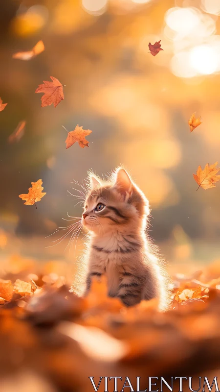 Autumn Kitten Discovers Falling Leaves in Golden Hour Light