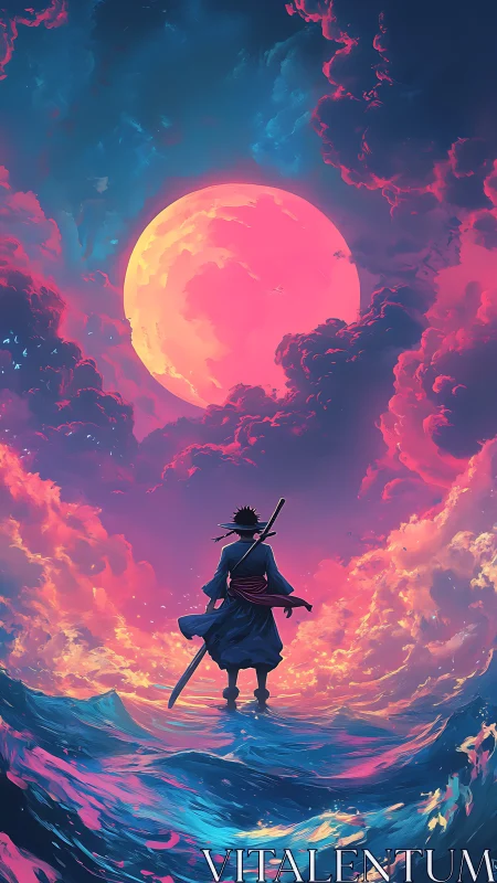 Samurai figure stands on glowing sea beneath neon moon