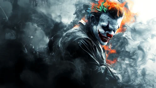 Smoky trickster in neon flames and a crooked, daring grin.