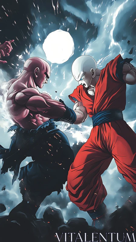 Intense anime warriors clash amid stormlit cratered sky.