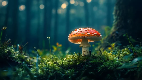 Red mushroom stands on mossy forest floor at dusk light