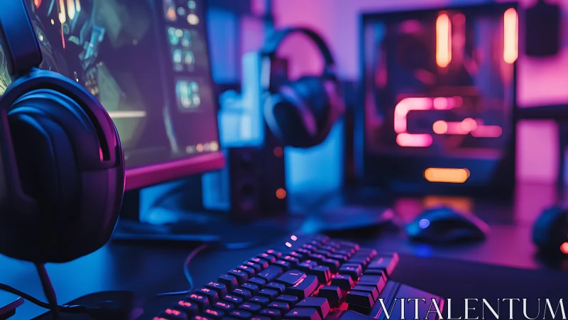 Cozy neon gaming desk glowing with playful night energy.