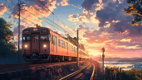 Orange commuter train on coastal railway at vivid sunset.