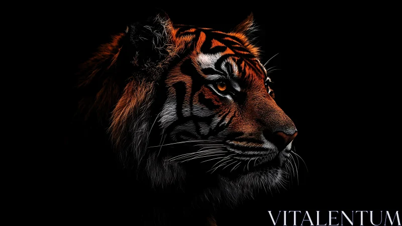 Low key side portrait of tiger with dramatic rim lighting