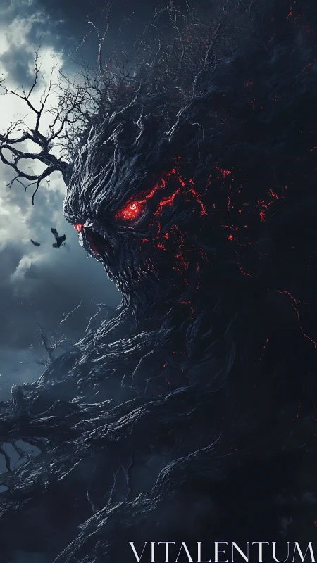 Colossal tree demon looms over stormy sky with burning eyes