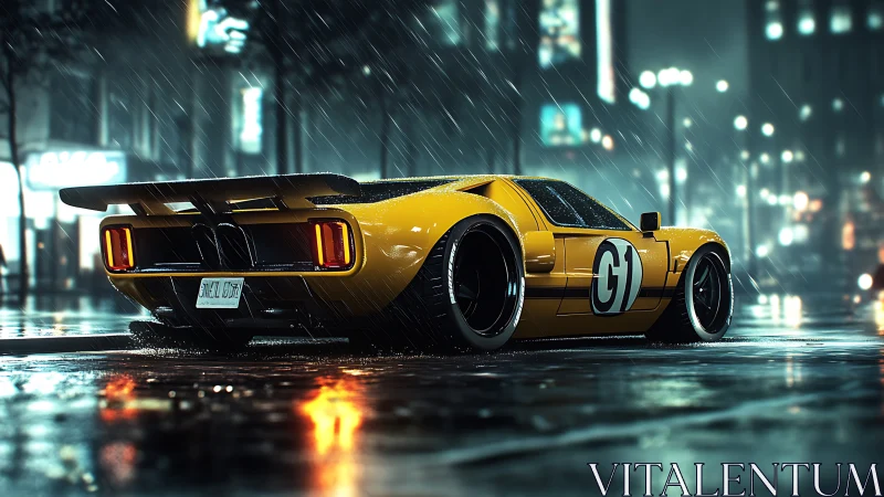Rain-slicked city lets a yellow street racer prowl the night