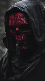 Red skeletal mask is partially concealed beneath dark hood
