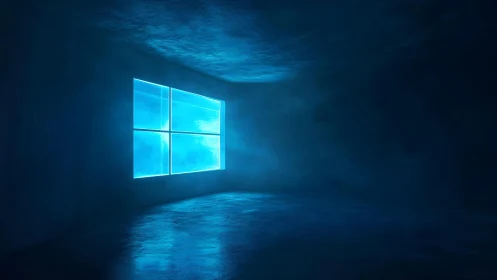 Glowing Blue Window in Dark Room, Futuristic Digital Art Style.