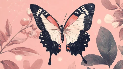 Butterfly illustration centered on muted floral background.