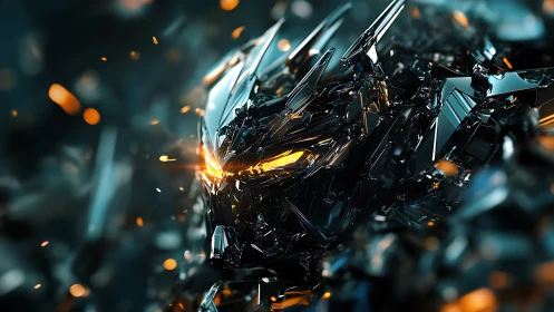 Angular metallic robotic head in glowing fragmented environment.