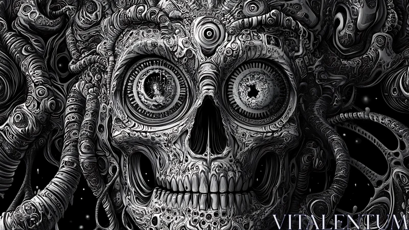 Monochrome biomechanical skull with intricate tentacled forms.