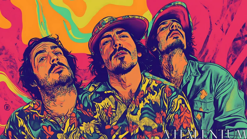 Pop art triptych portrait with neon duotone palette and flowlines.