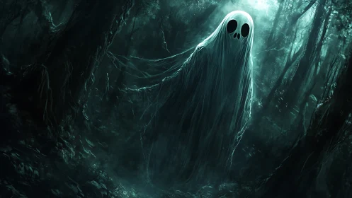 Translucent spectral entity drifts through high-contrast moonlit forest