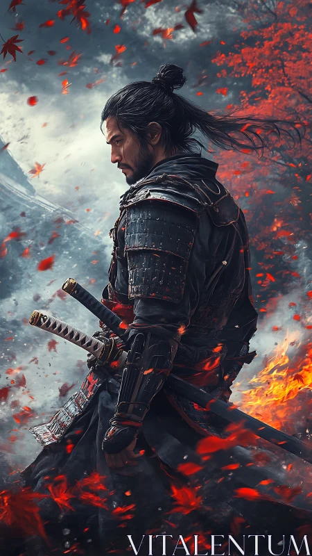 Lone samurai warrior in burning red autumn stormscape.