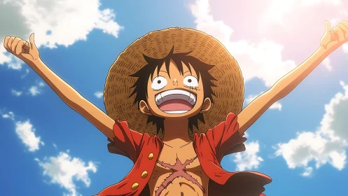 Anime character victory pose under bright summer sky.