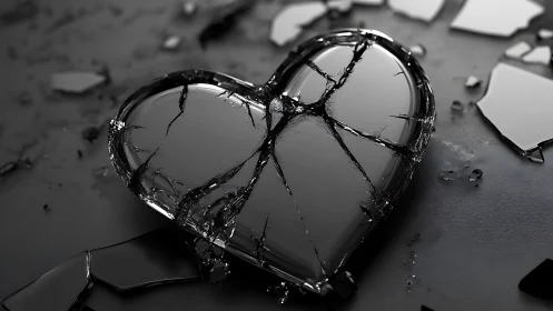 Broken glass heart shape with jagged cracks in monochrome