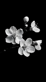 Delicate Cherry Blossom Cluster Against Black Background.