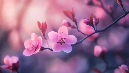 Pink Cherry Blossoms with Shallow Depth of Field and Bokeh