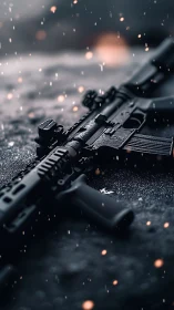 Cinematic tactical rifle close-up with rain and ember bokeh.